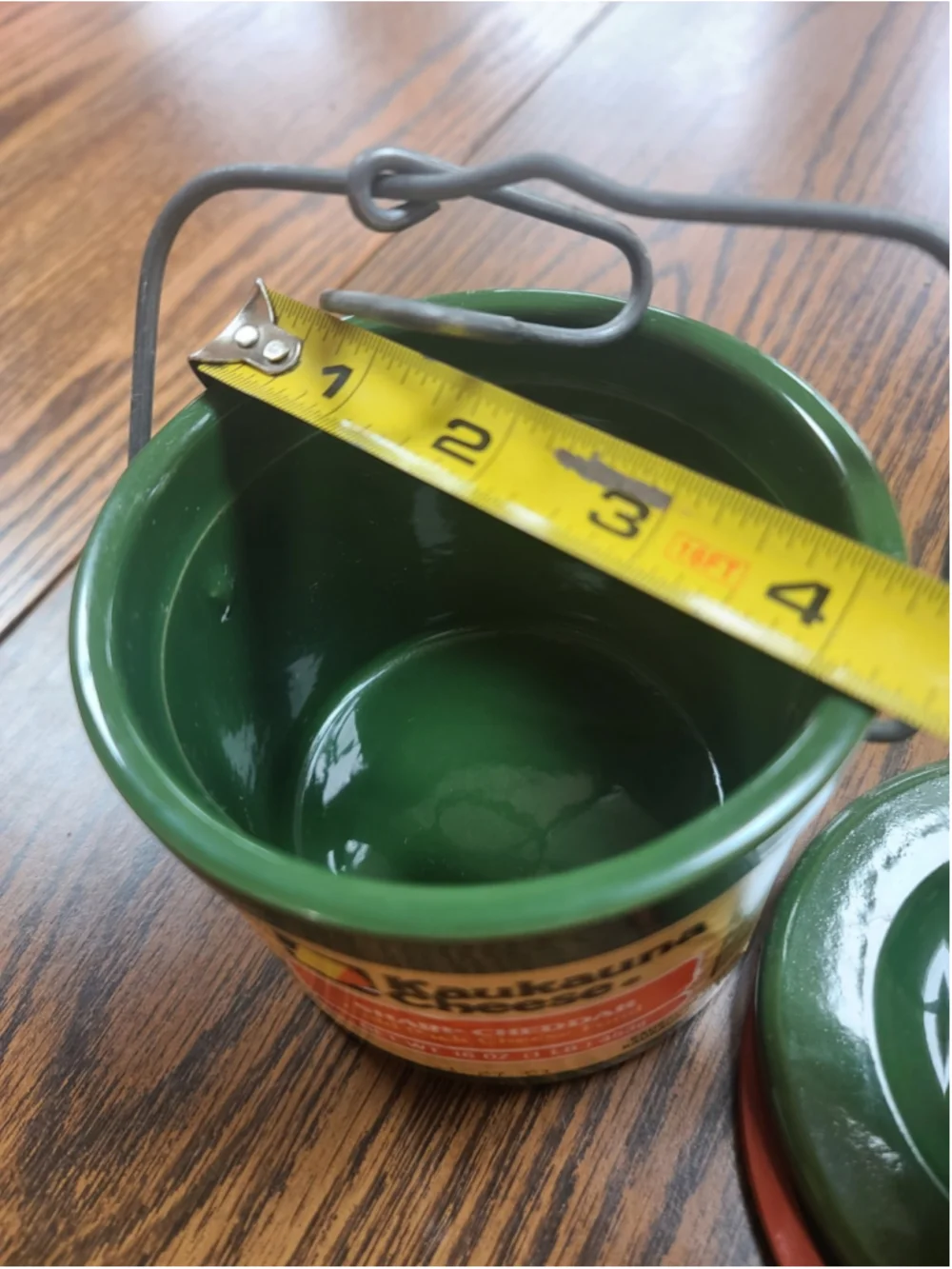 Vtg 1991 Kaukauna Cheese Crock Green Stoneware 16oz Wire Bail Lid
